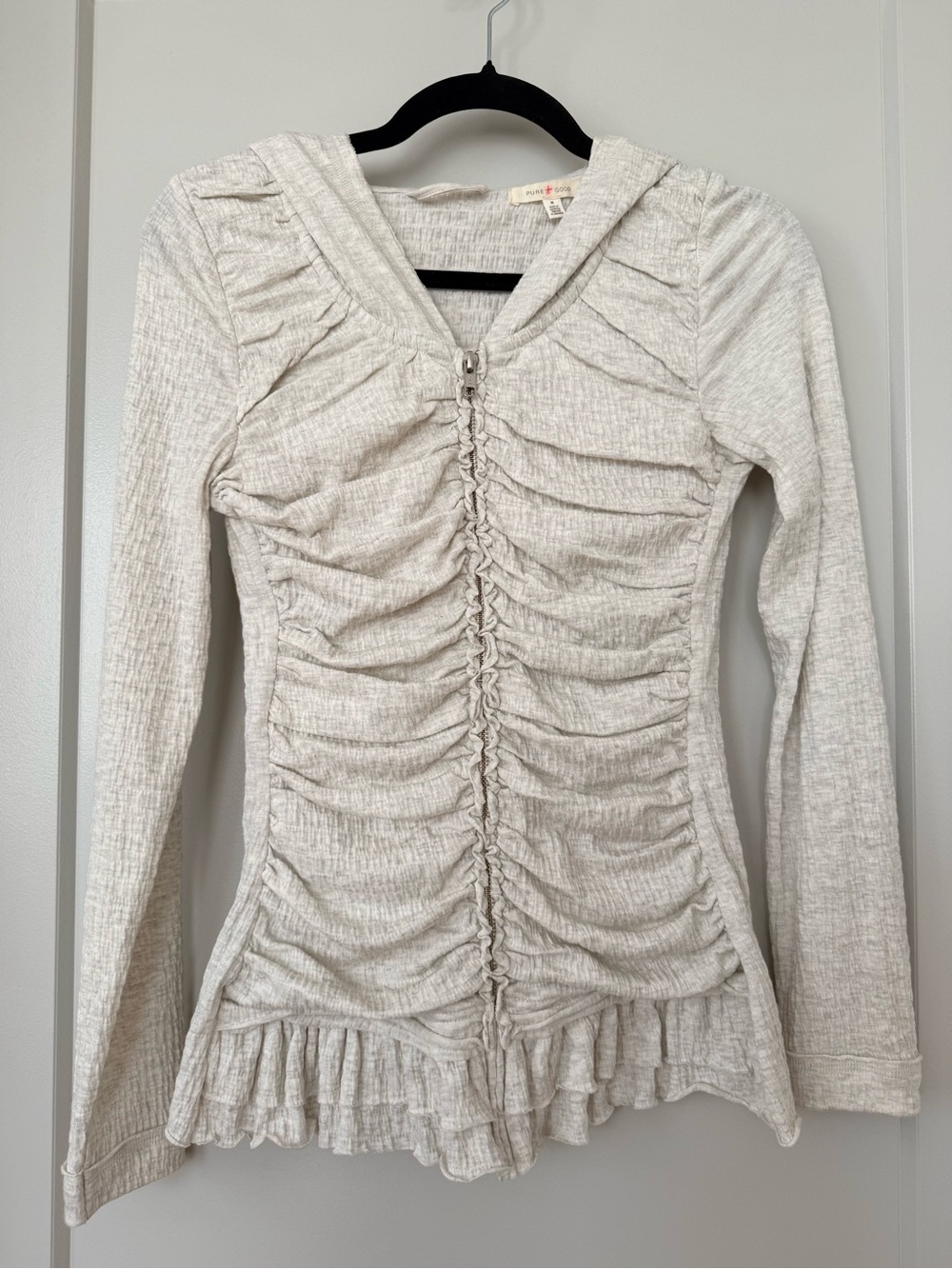 Ruched Cream Hoodie with Ruffle Hem by Pure + Good (Anthropologie)